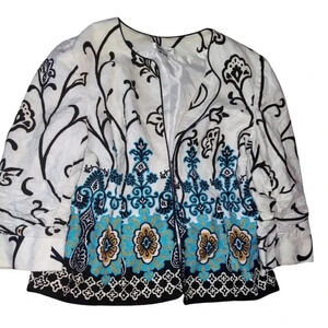 Coldwater Creek Open Front 3/4 Sleeve Blazer Jacket Teal Black White